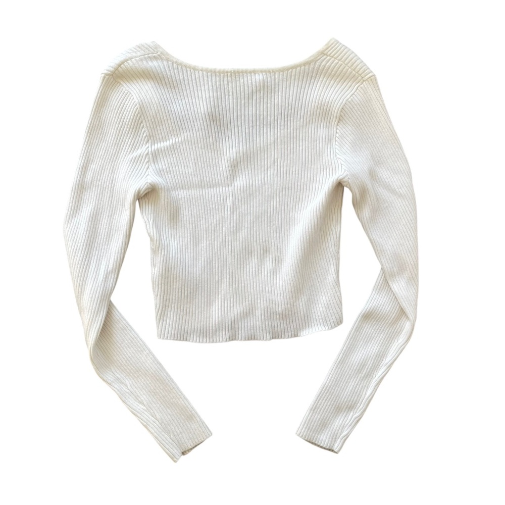 Hollister White Ribbed Knit Long Sleeve V Neck Cropped Sweater Size L Chic - Picture 5 of 5